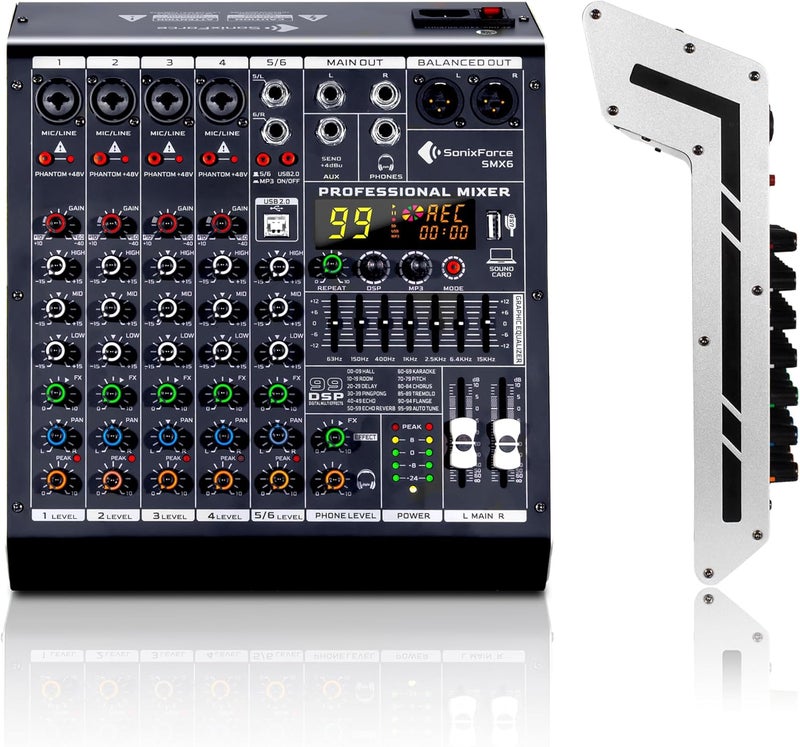 SonixForce 6 Channel Audio Mixer, 99 DSP Sound Board Console with 48V Phantom Power, Professional DJ Mixer for Podcasting, Streaming, Studio Recording (SMX6) - Image 1